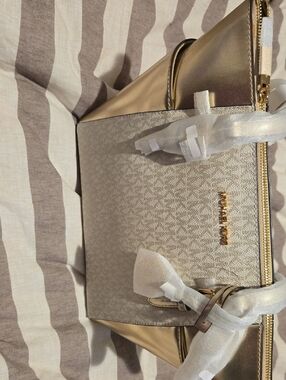 Michael Kors Metallic Gold and Pale Gold Logo Tote